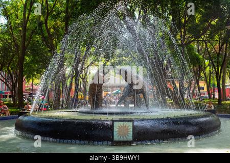 Brunnen der trinkenden Kojoten, Plaza del Centenario, Coyoacan, Mexiko-Stadt, Mexiko Stockfoto