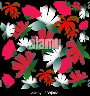 Blumenmuster. Bunte Blumenformen. Botanische abstrakte Kunst. Schwarzer Hintergrund. Stock Vektor