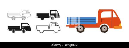 Cartoon-Set mit Symbol für LKW-LKW-Symbole. Handgezeichnetes Farmers-Lkw-Auto im Retro-Stil in verschiedenen Stilen, farbige Silhouette Outline Kollektion. Einfache lustige Auto Transport Comic Icon Vektor Illustration Stock Vektor