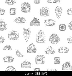 Nahtloses Sushi-Zeichentrickmuster. Traditionelles asiatisches japanisches Essen grenzenloser Hintergrund. Verschiedene Arten Sushi Meeresfrüchte endlose Vektor Design für Druck Stoff Textil Wrapper Hintergrund Vorlage Stock Vektor