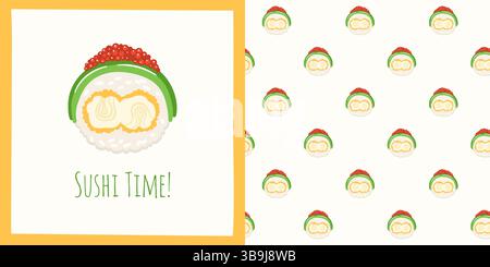 Sushi Roll Avocado und Garnelen, Kaviar Cartoon nahtlose Muster. Traditionelles asiatisches japanisches Essen grenzenloser Hintergrund. Meeresfrüchte endloses Vektor-Design für Papier Druck Stoff Wrapper Hintergrund Vorlage Stock Vektor