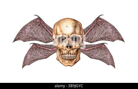 Menschliches Schädelprofil mit Fledermausflügeln Aquarellillustration. Knochen im gotischen Stil. Tag der Toten, Halloween, Dia de los muertos. Isoliert Stockfoto
