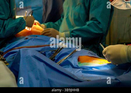 Medizinische Fachkräfte führen detaillierte chirurgische Operationen unter hellem Licht in sauberer Umgebung durch. Stockfoto