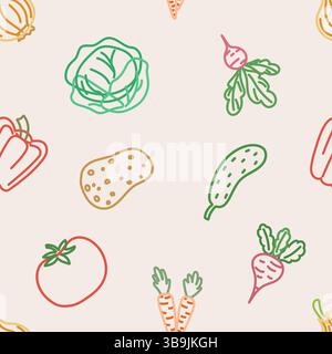 Nahtloses Muster mit farbenfrohen Gemüsekonturen Stock Vektor