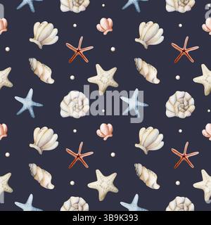 Seeschalen Seestern-Perle. Aquarell handgemalt Sommer nahtloses Muster auf dunkelblauem Hintergrund. Niedliches Pastell neutrale Unterwasserwelt des Meeres f Stockfoto