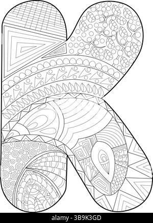 Komplexe Schwarz-weiß-Illustration des Großbuchstaben K gefüllt mit detaillierten, von zentangle inspirierten Mustern, perfekt zum Ausmalen von Büchern und Pädagogen Stock Vektor