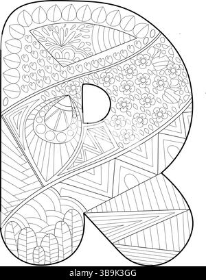 Eine komplizierte Illustration des Großbuchstaben R, gefüllt mit dekorativen Mustern in einem zentangle- oder Erwachsenenmalbuch. Perfekt als Design Stock Vektor