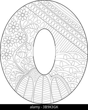Schwarz-weiße Strichgrafik-Illustration der Zahl Null (0), gefüllt mit verschiedenen komplizierten Mustern, einschließlich floraler Elemente, geometrischer Formen, Linien Stock Vektor