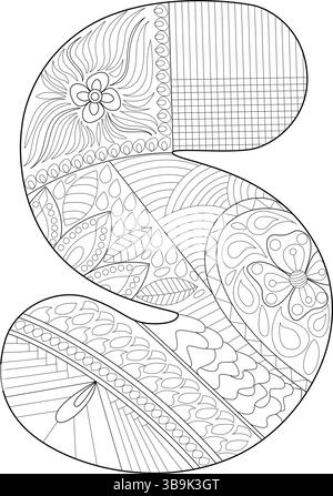 Dekorativer Großbuchstabe S mit komplizierten Mustern und Designs im zentangle-Stil. Ideal für Malbücher für Erwachsene, Lehrmaterialien, TY Stock Vektor