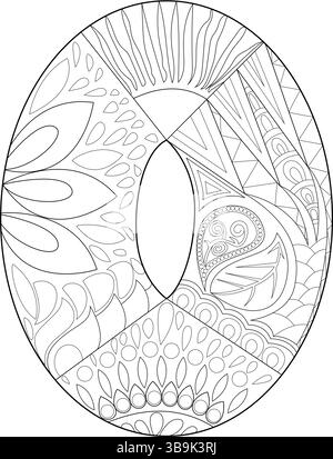 Eine komplizierte Strichgrafik-Illustration des Großbuchstabens O, gefüllt mit detaillierten Mustern aus zentangle, Doodle und Mandala. Dieses Schwarz und wh Stock Vektor