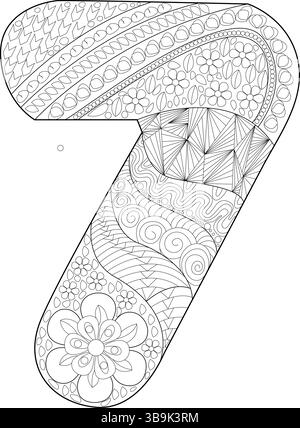 Schwarz-weiße Illustration der Zahl sieben gefüllt mit komplizierten, abstrakten Mustern, einschließlich Blumen, Wellen, geometrischen Formen und Kreisen. Des Stock Vektor