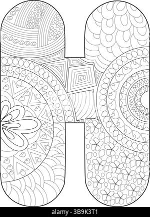 Eine schwarz-weiße Strichgrafik-Illustration mit dem Großbuchstaben H, gefüllt mit komplizierten Mustern und Designs. Dieses dekorative Typografie-Elemen Stock Vektor