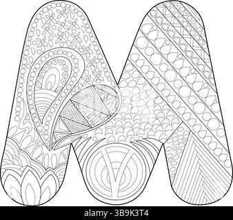 Eine schwarz-weiße Strichgrafik-Illustration des Großbuchstaben M, gefüllt mit komplizierten Mustern und abstrakten Designs, geeignet zum Färben für Erwachsene Stock Vektor