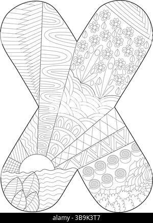 Ein X-Umriss mit Großbuchstaben, gefüllt mit einer Vielzahl von komplizierten abstrakten Mustern, geeignet für Malbücher für Erwachsene, Lehrmaterialien und Grafiken Stock Vektor