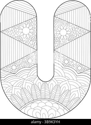 Umrissdarstellung des Großbuchstaben U mit komplexen schwarzen und weißen Mustern, einschließlich floraler Elemente, abstrakter Formen und geometrischem lin Stock Vektor