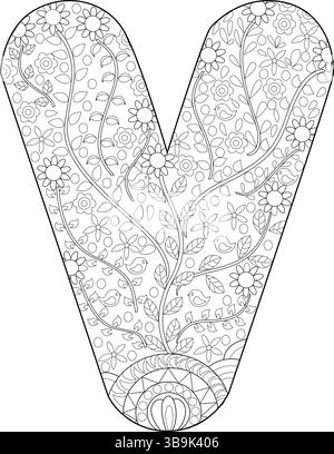 Eine komplizierte schwarz-weiße Strichgrafik des Großbuchstaben V aus dem Alphabet, gefüllt mit einem detaillierten Blumenmuster, Blättern, kleinem B Stock Vektor
