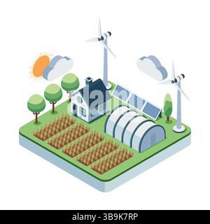 Isometrischer nachhaltiger Betrieb mit erneuerbaren Energien und Kulturen. Konzept der nachhaltigen Landwirtschaft und Landwirtschaft Stock Vektor