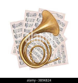 Französisches Horn auf verstreuten Notenblättern mit Notizen Aquarellabbildung isolierter Hintergrund. Klassisches handgemaltes Musikinstrument Stockfoto