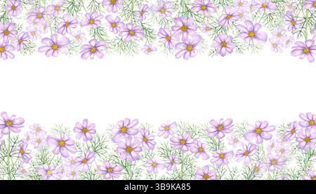 Aquarellkosmos blüht horizontalen Rand mit Kopierraum für Text. Handgemalte Sommerpflanze in sanften Pastelltönen. Romantischer Blumenrahmen Stockfoto