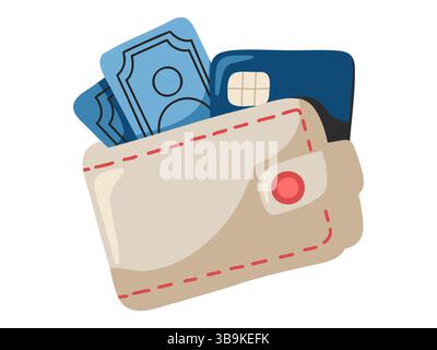 Cartoon Geldbörse beige mit Bargeld und Bankkarten. Sommer-STYLE. Vektor-isolierte Illustration auf weißem Hintergrund Stock Vektor