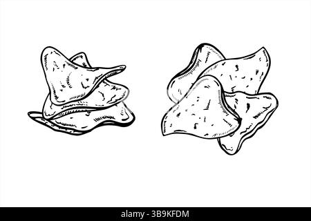 Dreieckige Nachos-Chipstapel-Vektorillustration in monochromer linearer Form. Ätzzeichnung von Nacho-Heap-Clip-Art. Street Food für ein mexikanisches Restaurant Stock Vektor