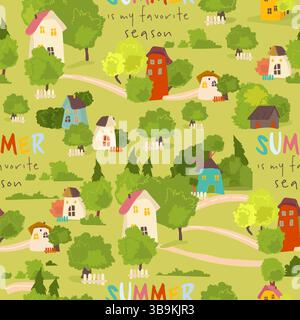 Nahtloses Muster mit gemütlichem Dorf im Sommer, umgeben von einem Garten und Bäumen Stock Vektor