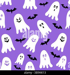 Nahtloses Halloween-Muster mit verspielten Geistern und Fledermäusen auf leuchtendem lila Hintergrund Stock Vektor