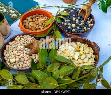 Lebendige Sammlung getrockneter Hülsenfrüchte, präsentiert in rustikalen Terrakotta-Schalen, begleitet von Holzlöffel und frischen Lorbeerblättern. Stockfoto