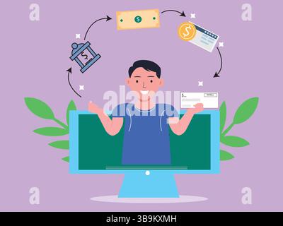 Flache Vektor-Illustration der Gehaltszahlung, Online-Gehaltsabrechnung auf Computerbildschirm und Taschenrechner Berechnung Flat Cartoon.Finanz- und Geschäftskonzept Stock Vektor