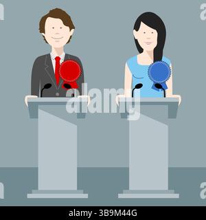 Männlicher und weiblicher politischer Kandidat auf den Rostren, der an einer politischen Debatte teilnimmt. Editierbarer Vektor verfügbar. Stock Vektor