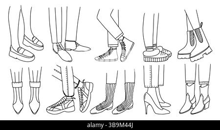 Beine mit saisonalen Schuhen handgezeichnet Set Stock Vektor