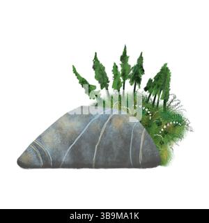Großer grauer Stein mit Farnen, Moosen, Gras. Farbige Landschaftselemente, handgezeichnet für Architekturskizzen, Zeitschriften, Banner, Grußkarten, Menü. Stockfoto