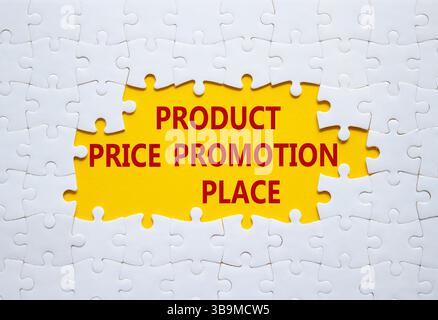 Symbol für Produktpreis Promotion-Ort. Weißes Puzzle mit den Worten Product Price Promotion Place. Schöner gelber Hintergrund. Geschäftskonzept. Kopierbereich Stockfoto