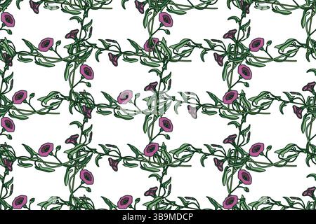 Botanische Blumen nahtlose Muster Vektor Illustration. Wiederkehrende Bindweed Pflanze mit violetten Blüten Stängel Blätter auf weißem Hintergrund. Grafikdesign f Stock Vektor