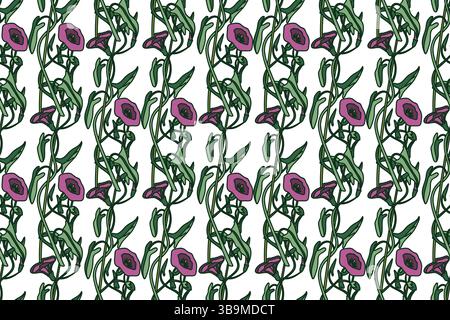 Botanische Blumen nahtlose Muster Vektor Illustration. Wiederkehrende Bindweed Pflanze mit violetten Blüten Stängel Blätter auf weißem Hintergrund. Grafikdesign f Stock Vektor