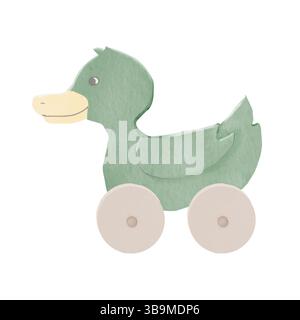 Lustige Holzente auf Rädern. Aquarellabbildung. Ein Kinderspielzeug für Kleinkinder, isoliert auf weißem Hintergrund. Für Kinderdekor Stockfoto