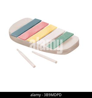 Lustiges Kinder-Xylophone mit Stäbchen Aquarellillustration. Musikspielzeug für Kleinkinder, isoliert auf weißem Hintergrund. Für Kinder Stockfoto