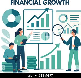Geschäftsteam analysiert Finanzwachstum, Markttrends und Datendiagramme für strategische Planung und Investitionserfolg. Stock Vektor