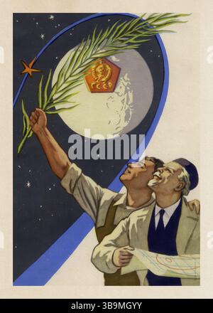 Vintage-sowjetische Weltraumpropaganda-Poster, 1950er Jahre – Mondmission der UdSSR. Nur redaktionelle Verwendung. Stockfoto