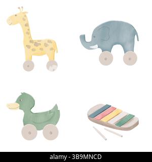 Holzspielzeug Tiere auf Rädern und eine Illustration für Kinder mit Xylophon Aquarell. Giraffe, Elefant und Ente. Spielzeug für Kleinkinder, isoliert auf einer weißen Ba Stockfoto