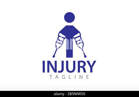 Letter I Injury Logodesign, Symbol für gebrochene Arme. Unfall verletzter Menschen. Bein gebrochen Krankenhaus-Patient mit einer Hand medizinische Krücken, Rollstuhlpatient Stock Vektor