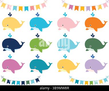Bunte Vektorwale und Buntstriche Illustration, Cartoon Meerestiere Stock Vektor