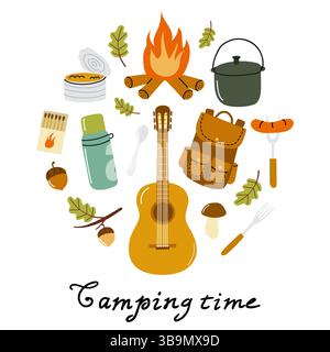 Aktivitäten zum Campen mit Gitarre, Feuer und Campingausrüstung für Outdoor-Enthusiasten Stock Vektor