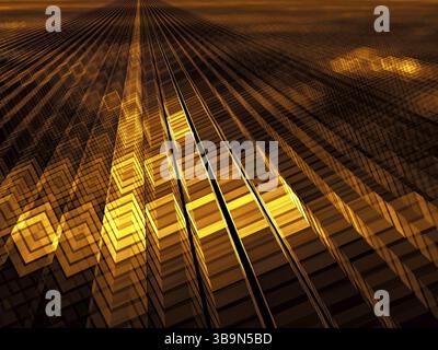 Goldene Würfel Hintergrund - abstrakte computergenerierte 3D-Illustration. Digitale Kunst: Weg besteht aus gelben Ziegeln. Hintergrund für Desktop-Hintergrundbilder, Web Stockfoto