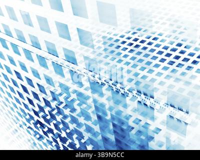 Weißer und blauer fraktaler Hintergrund - Kreuzungsebenen von Würfeln. Abstrakte computergenerierte 3D-Illustration - Fraktal. Moderne Technologie, Sci fi oder vr t Stockfoto
