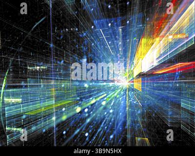 Technologiehintergrund mit perspektivischen und Lichteffekten. Abstraktes, computergeneriertes Bild - Glastunnel oder Straße einer futuristischen Stadt. Virtuelle Reali Stockfoto