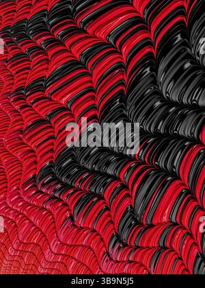 Einfacher fraktaler Hintergrund – computergeneriertes Bild. Fraktalgeometrie: Rote und schwarze Chaosstreifen. Glänzend gewölbte Oberfläche. Digitale Kunst für Cover, wir Stockfoto
