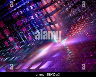 Helle Struktur von Glasblöcken - abstrakte computergenerierte 3D-Illustration. Horizontale Komposition mit einer Neigung und zufällig angeordneten Elementen. Sc Stockfoto