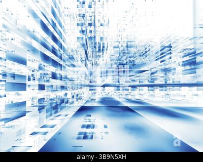 Abstrakte 3D-Illustration - weißer und blauer perspektivischer fraktaler Hintergrund. Stadtstraße, Rechenzentrum oder Tunnel. Heller monochromer Hintergrund. Business, Kombi Stockfoto