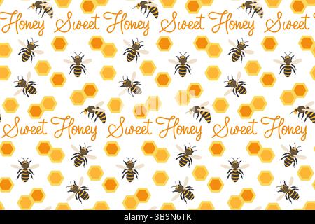 Honigbienen versammeln sich um ein lebhaftes Muster aus sechseckigen Waben und verspieltem Text Stock Vektor